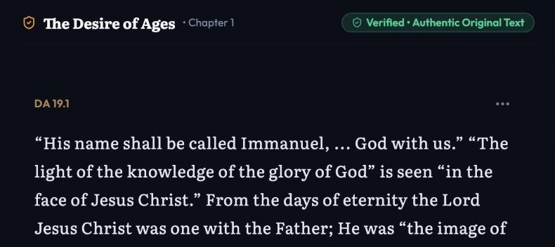 Project Immanuel screenshot: the original text of The Desire of Ages, chapter 1, marked as verified original text.