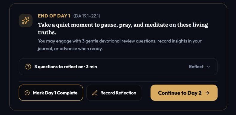 Project Immanuel screenshot: the end-of-day card inviting readers to pause, pray and reflect, with options to record a reflection or continue.