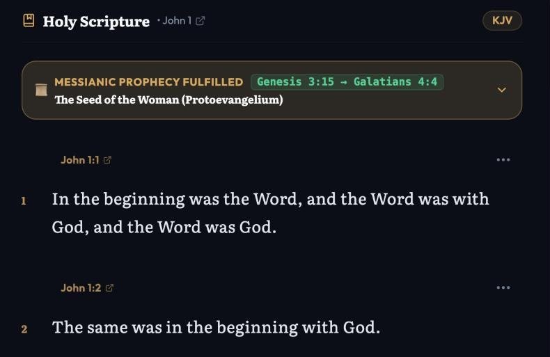 Project Immanuel screenshot: the Holy Scripture panel showing John 1 in the King James Version beside the reading.