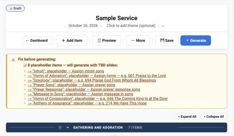 Worship Presentation Builder screenshot: a sample pack showing the checklist of items to complete before slides are generated.